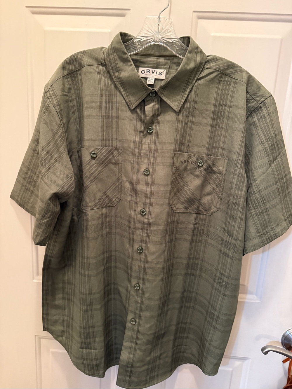 Orvis Men's Olive Green Plaid Short-Sleeve Button-Up Shirt size XL